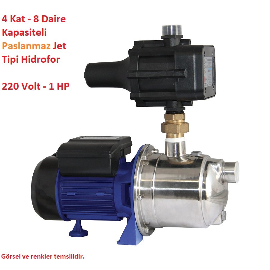 4 Kat - 8 Daire Kapasiteli Jet Tipi Paslanmaz Pompalı Hidromatlı Hidrofor 220 Volt 1 HP